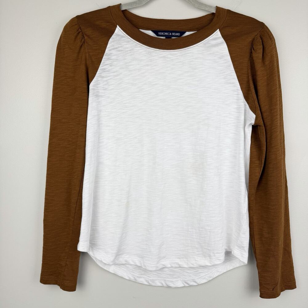 Veronica Beard Mason Baseball Tee Shirt Size Small Brown White Pima Cotton Peru